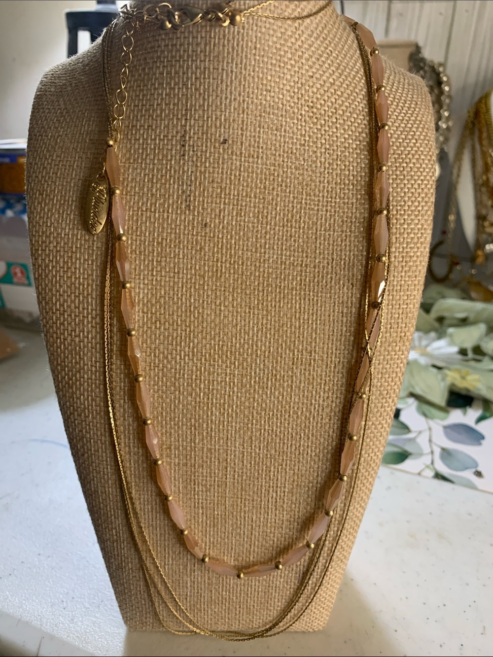 Plunder Gold Tone 3 Layered Necklace with Blush Pink Beads Set of 2